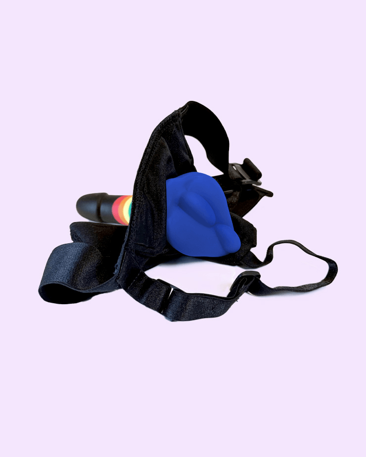 Blue | BumpHer dildo cover in a harness