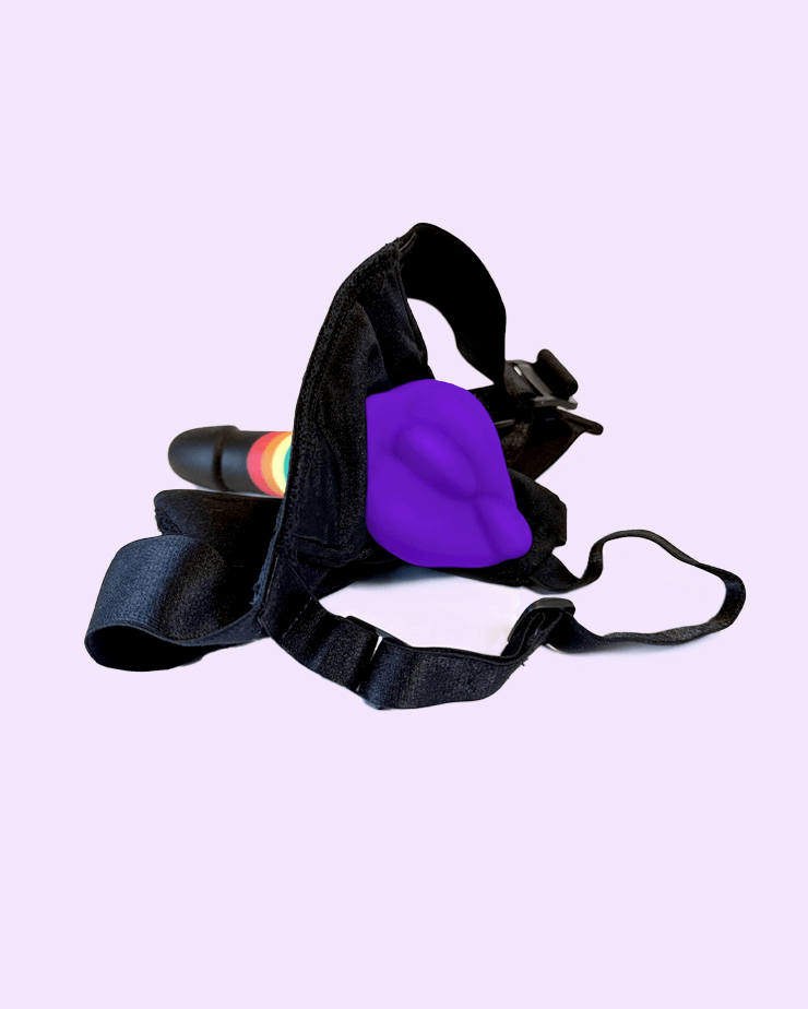 Purple | BumpHer dildo cover in a harness