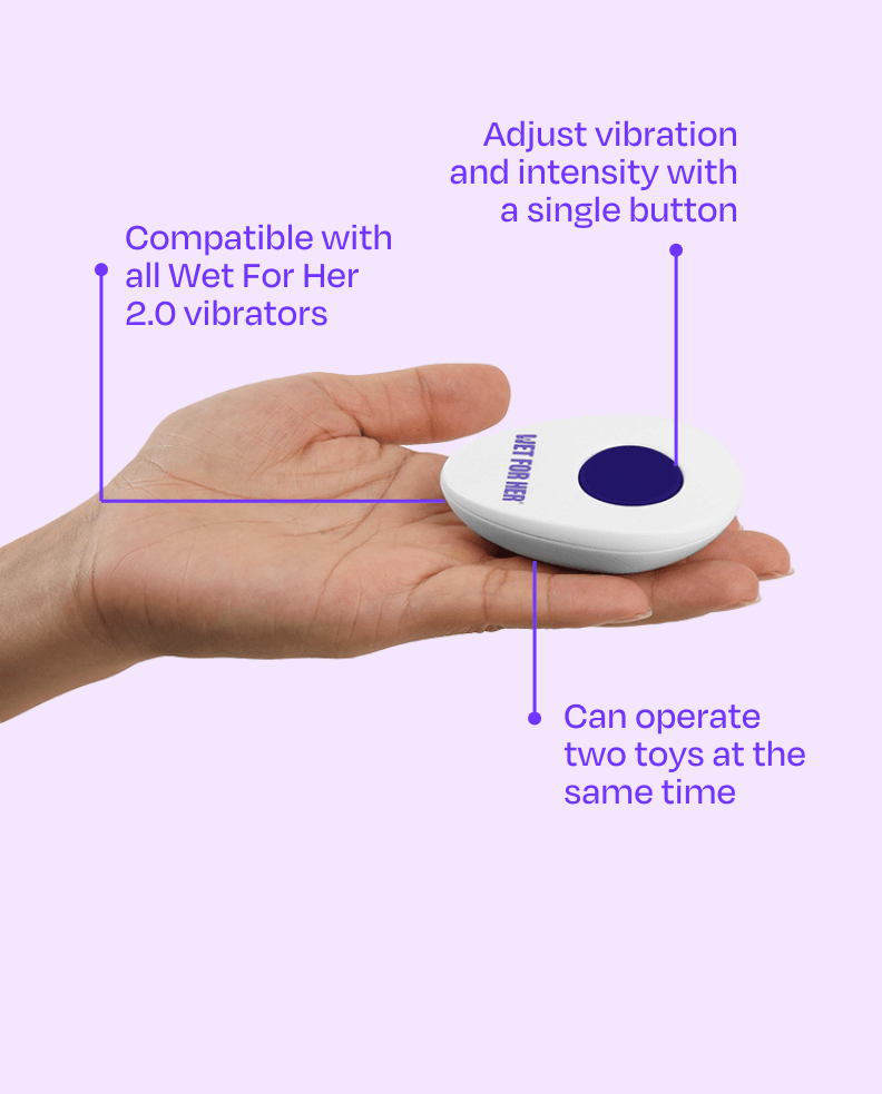 Hand holding the remote, labeled for vibration control and compatibility with Wet For Her 2.0 products.