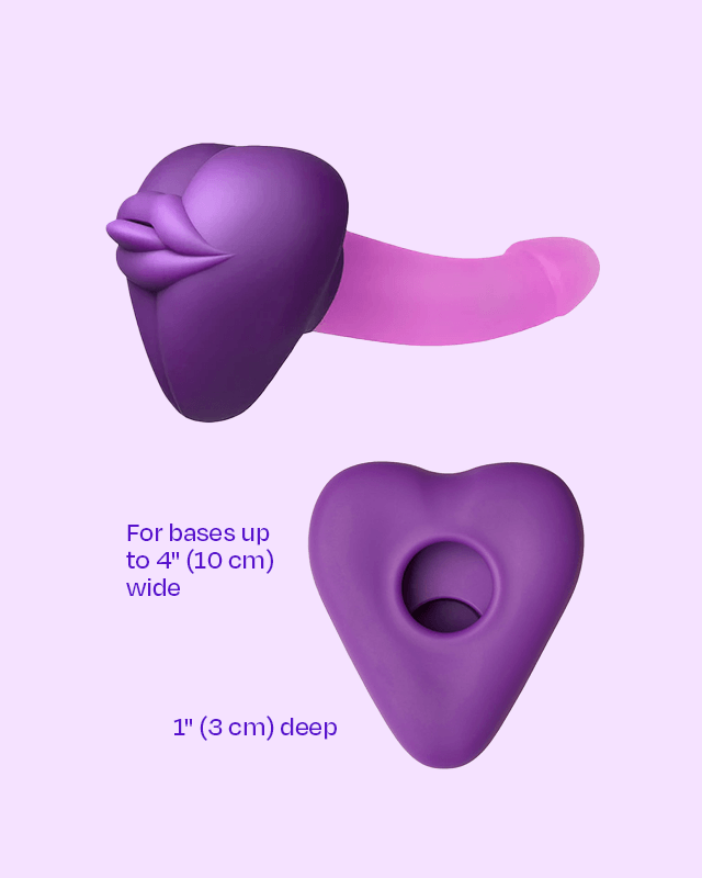 Purple and pink silicone Kissi dildo strap-on base cover with Sunset  WondHer dildo with text indicating size: For bases up to 4 inches wide and 1 inch deep.