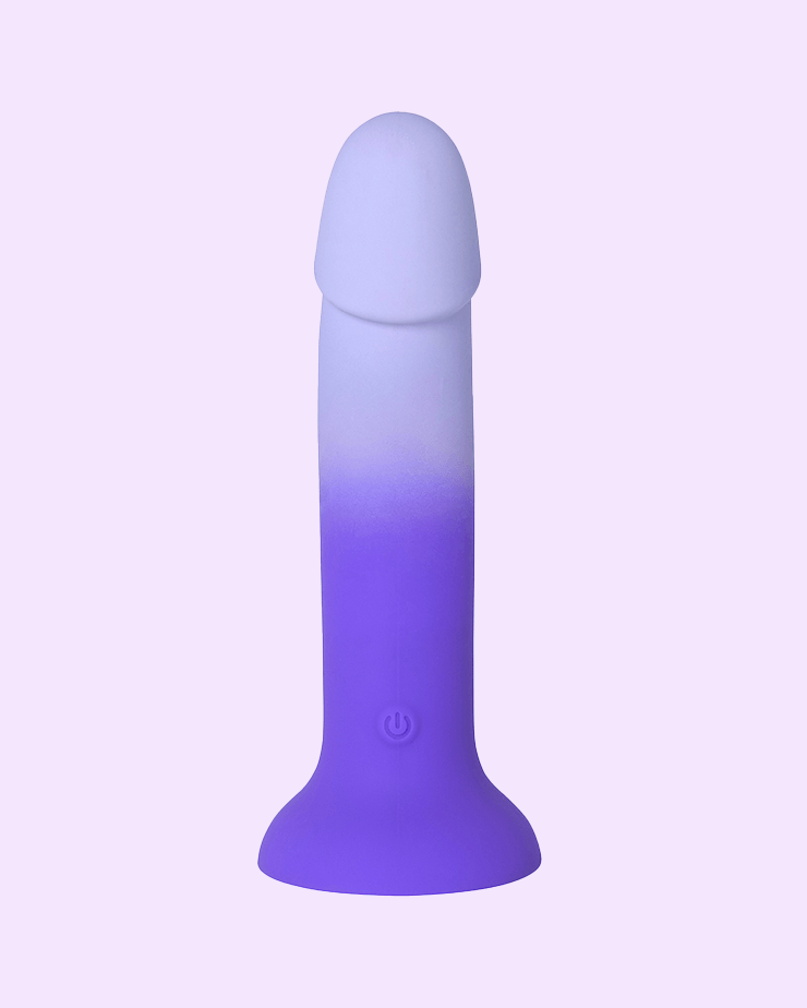 Silicone LustIt gel-filled dildo with gradient purple color, wide suction base and vibrating motor