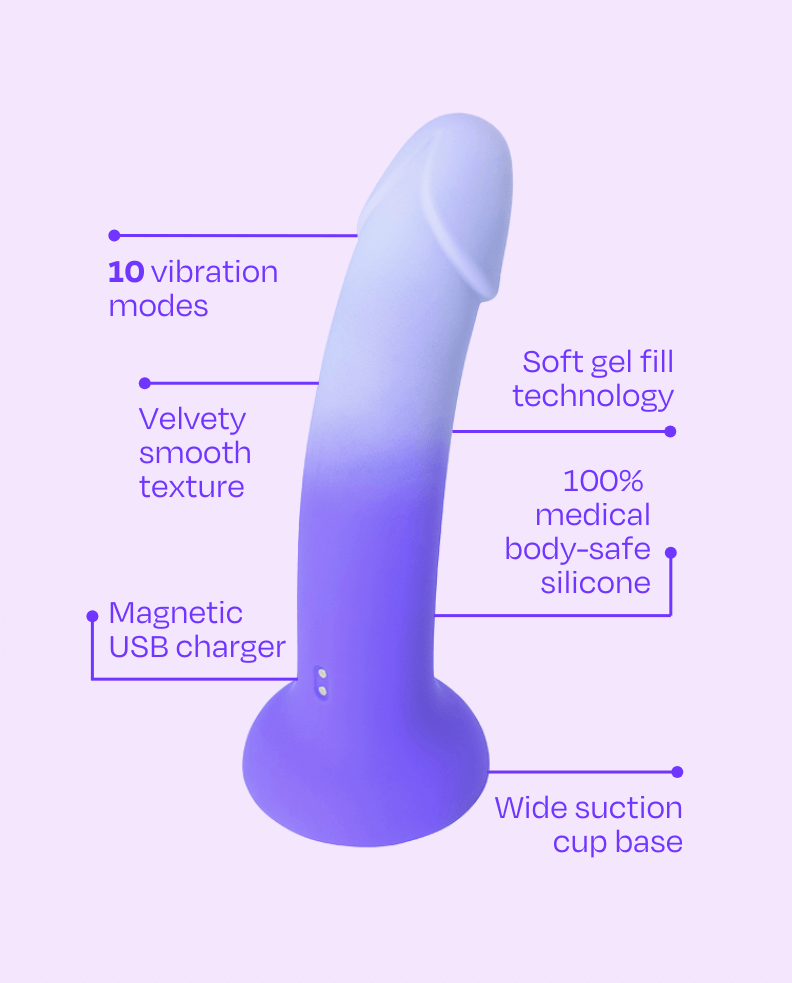 Silicone LustIt gel-filled dildo featuring 10 vibration modes, velvety smooth texture, soft gel fill technology, magnetic USB charger, and a wide suction base