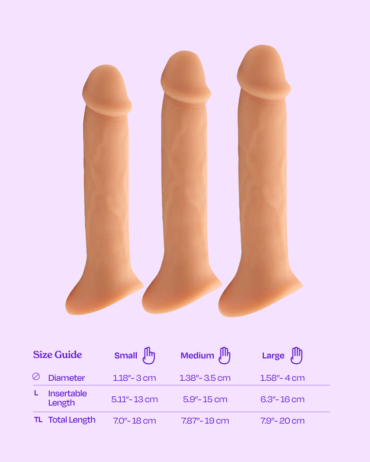 Beige | Size guide comparison for MIlo FTM Strap-on Packer dildo