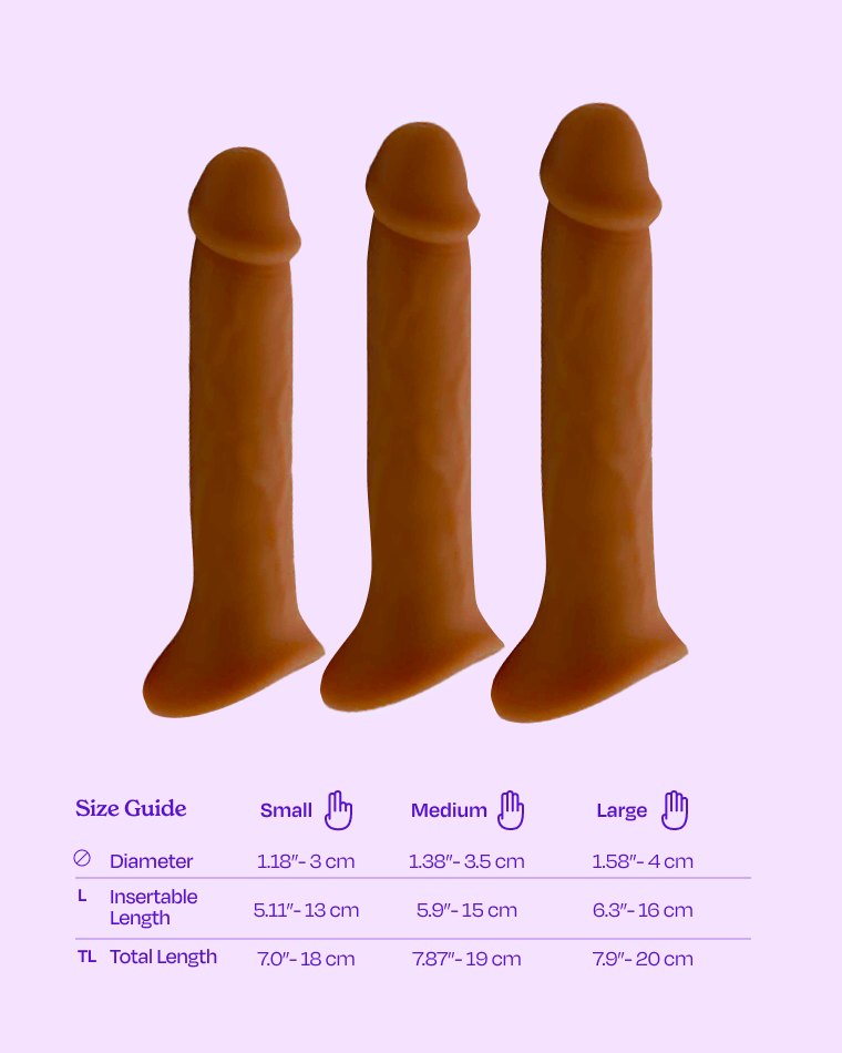 Espresso | Size guide comparison for MIlo FTM Strap-on Packer dildo