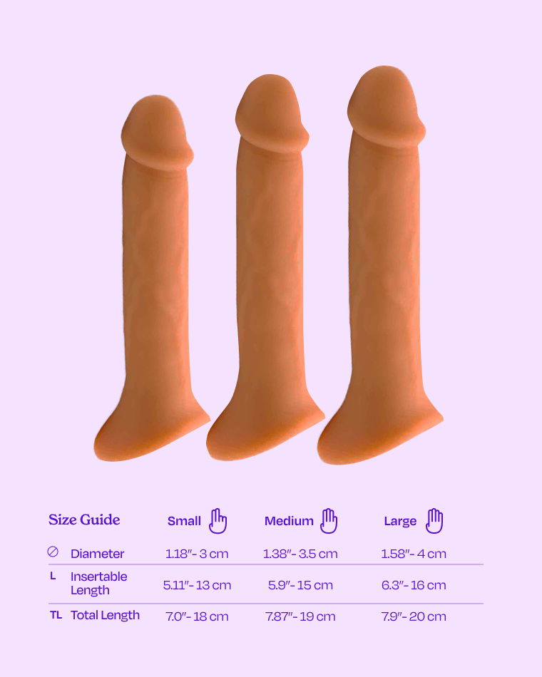 Tan | Size guide comparison for MIlo FTM Strap-on Packer dildo