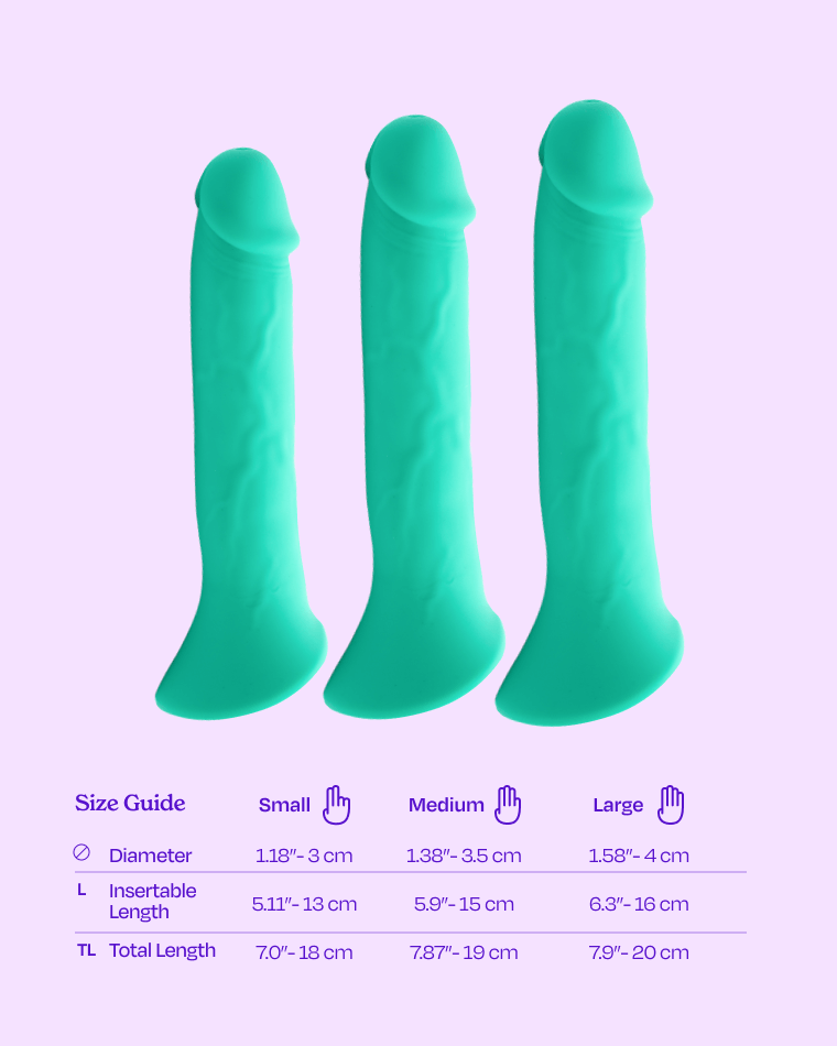 Turquoise | Size guide comparison for MIlo FTM Strap-on Packer dildo