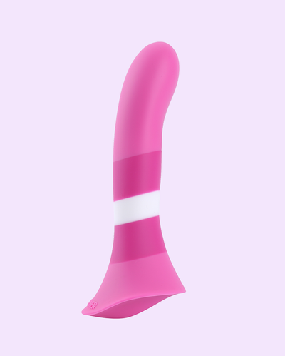 Lesbian Delight Fusion silicone hand-poured pink and white strap-on dildo inspired by the lesbian flag