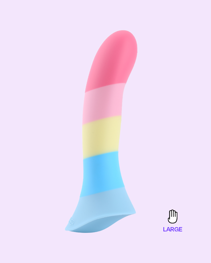 A multicolored strap-on dildo with a pink, yellow, and blue gradient, featuring a grinding base in large size.