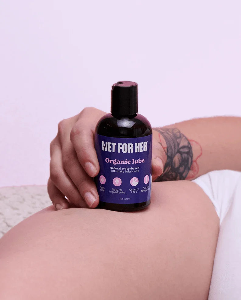 Hand holding a bottle of 'Wet For Her' organic lubricant against a light purple background