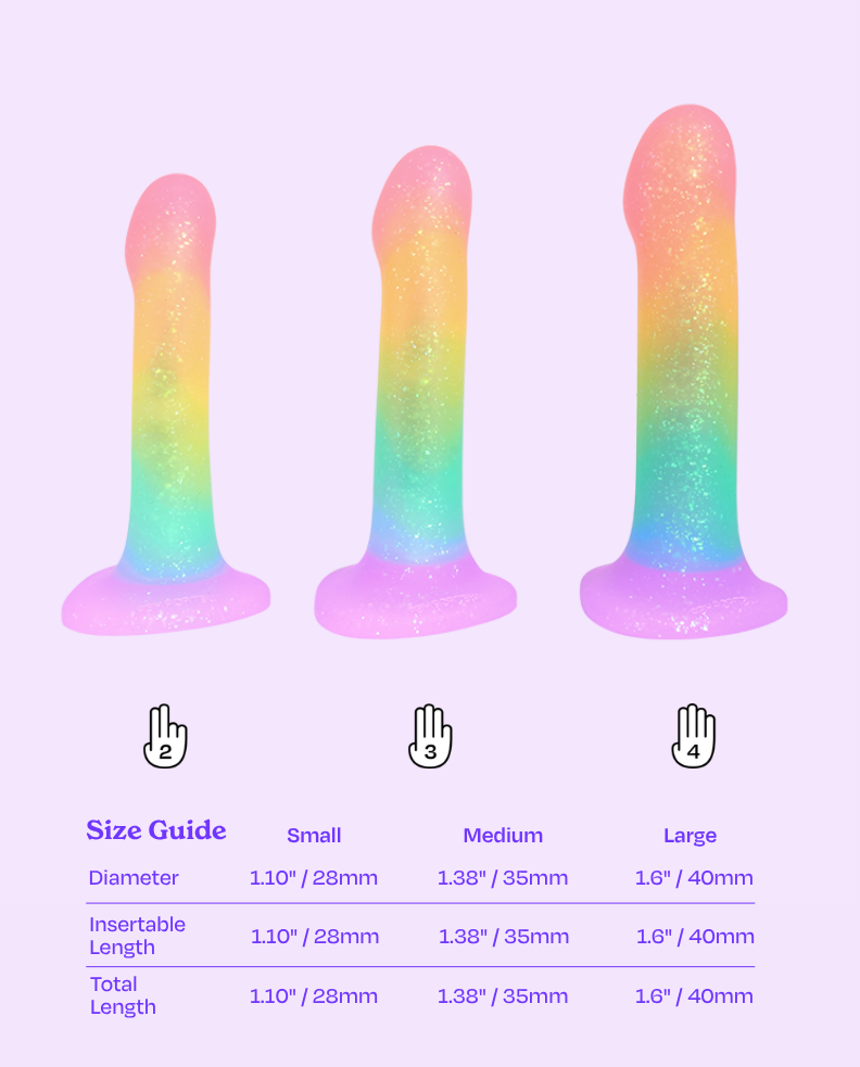 Pride limited-edition WondHer Glitter strap-on in rainbow gradient color size chart